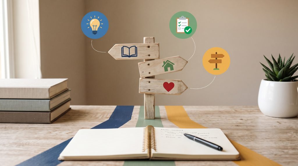 Decision Signpost of Life Choices: A symbolic signpost illustrates choices in life, depicting icons for ideas, learning, home, and love, set on a desk with a notebook.