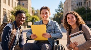 A portrait of a diverse group of three happy university students, including a young man in a wheelchair, holding folders and books on a sunny college campus.