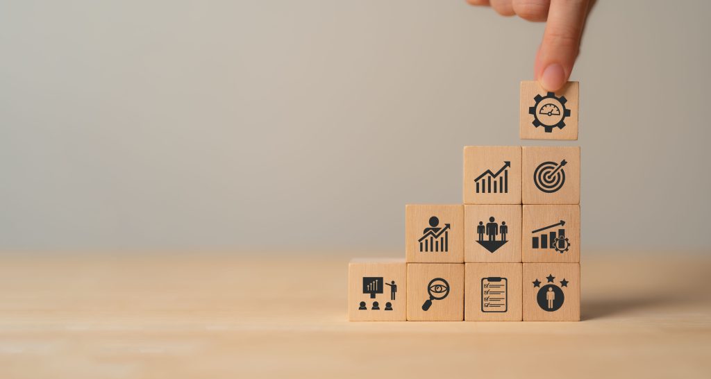 Performance management concept. .Implementing effective strategies for improve employee engagement, productivity and overall business success. Setting goals, monitoring progress and evaluating.