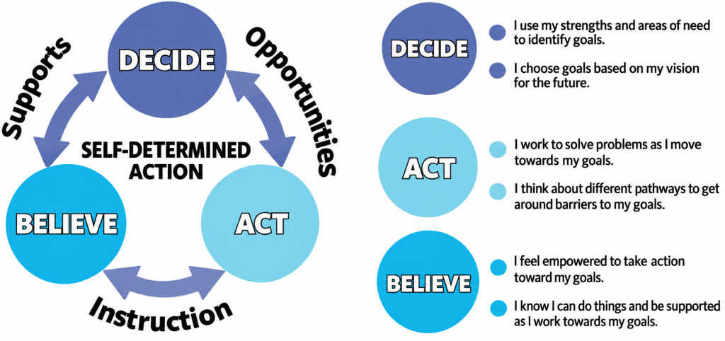 Self-Determined Action Cycle process chart showing DECIDE, ACT, and BELIEVE framework; DECIDE: i use my strengths and areas of need to identify goals, i choose goals based on my vision for the future; ACT: i work to solve my problems as i move towards my goals, i think about different pathways to get around barriers to my goals; BELIEVE: i feel empowered to take action toward my goals, i know i can do things and be supported as i work towards my goals